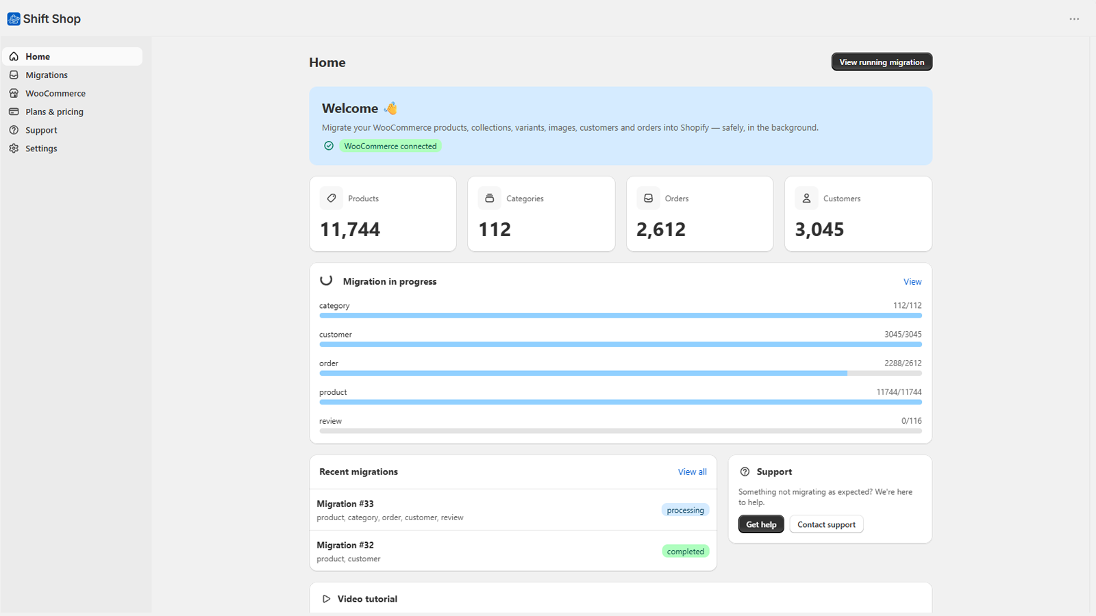 The Store Shift dashboard showing product, category, order and customer counts with a migration in progress